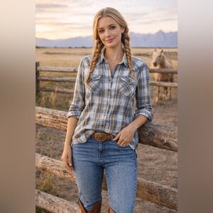 VTG Fossil Western Plaid Shirt Women’s  Snap Button Cowgirl Cotton Top Size L